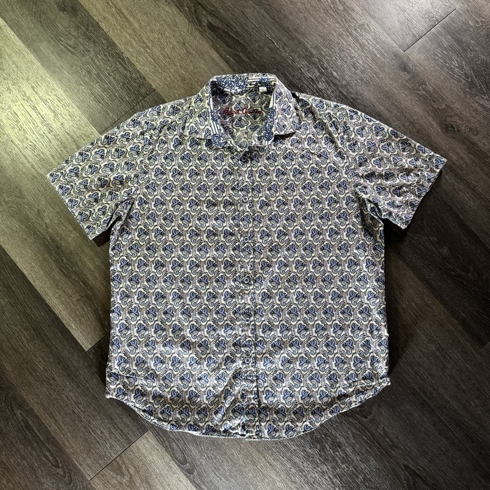 Robert Graham Classic Fit Short Sleeve Button Up Shirt Mens M White Blue Floral